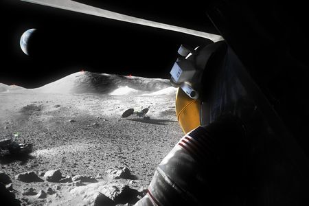 An illustration of a suited astronaut looking out of a Moon lander hatch across the lunar surface.