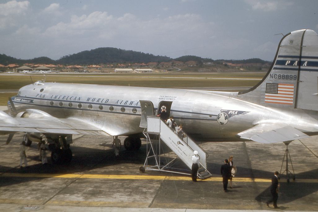 A vintage photo of a large commercial plane