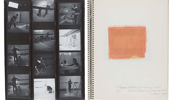 LEFT: Grayscale photographic contact sheet with images of Connie Zehr and assistants constructing a work of art.  RIGHT: Page from a wire-bound sketchbook with a sample square of liquid polyester and notes made in pencil.