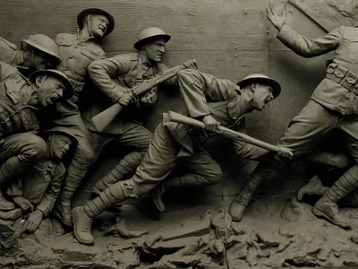 The massive sculpture by Sabin Howard consists of five tableaux about a U.S. soldier. This is &ldquo;Battle Scene.&rdquo;