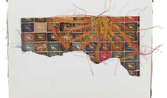 Detail of artwork with wayfinder symbol of family running with the word caution and machine stitching in various colors.