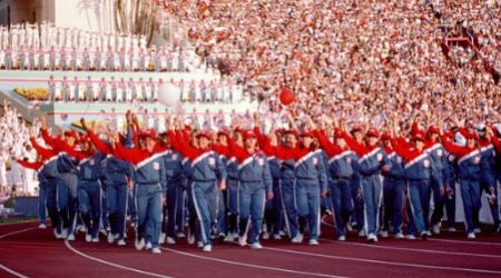 The 1984 U.S. Olympic team march into the Los Angeles Coliseum during the opening ceremony for the 1984 Summer Olympics.