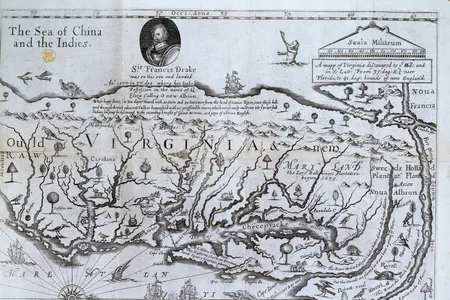 This early map of the newly settled colony of Virginia features a photo of Sir Francis Drake