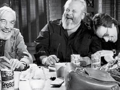 John Huston, Orson Welles and Peter Bogdanovich on the set of The Other Side of the Wind.