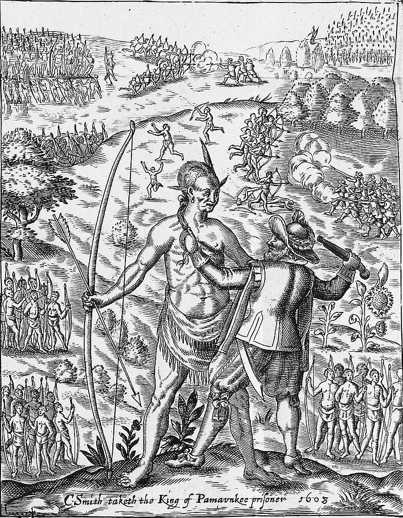 Illustration of John Smith taking Opechancanough prisoner