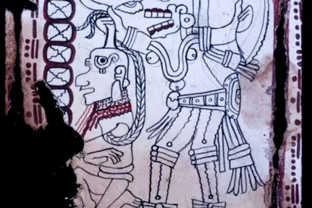 A death god holds a prisoner captive in this page from the Grolier Codex.