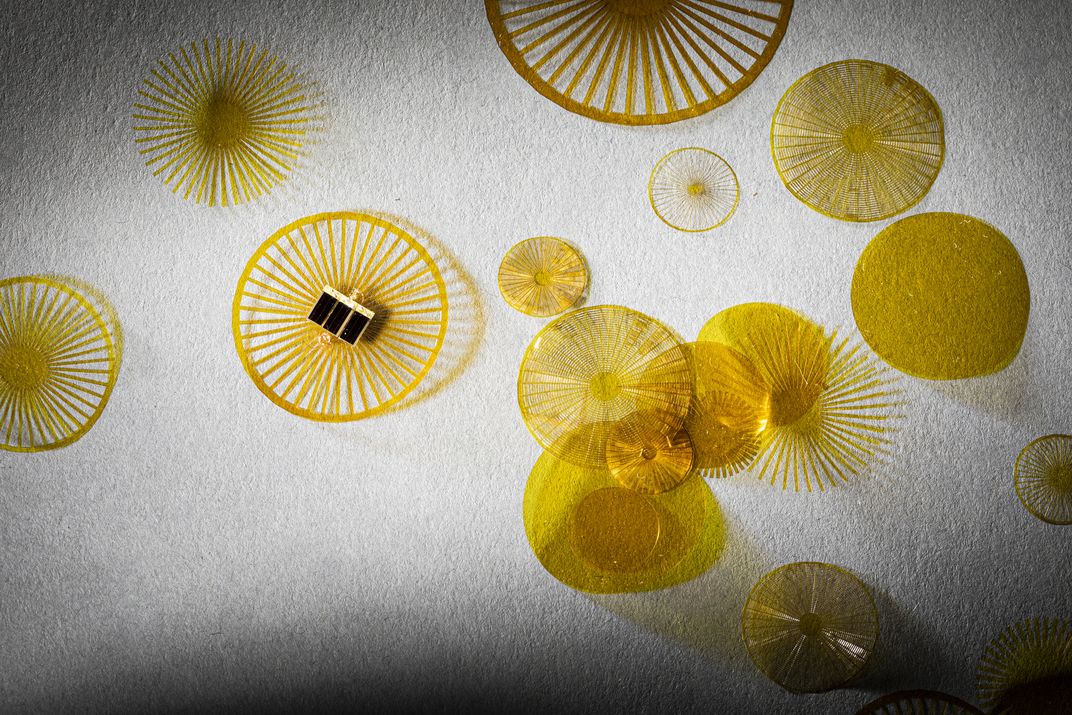 An image of multiple yellow dandelion-like sensors resting on a white background