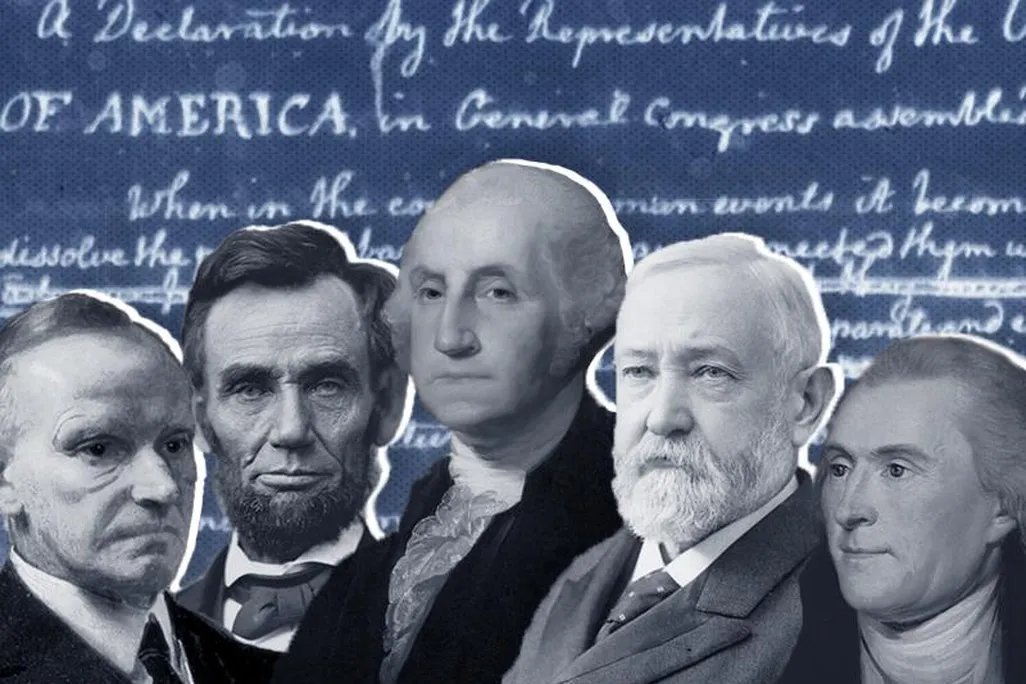 Cutouts of black and white portraits of all the presidents, foregrounded against a blue and white version of Thomas Jefferson's handwritten draft of the Declaration of Independence