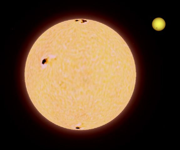 BD+48 740 is just a bit bigger than Pollux, seen here dwarfing our own Sun.