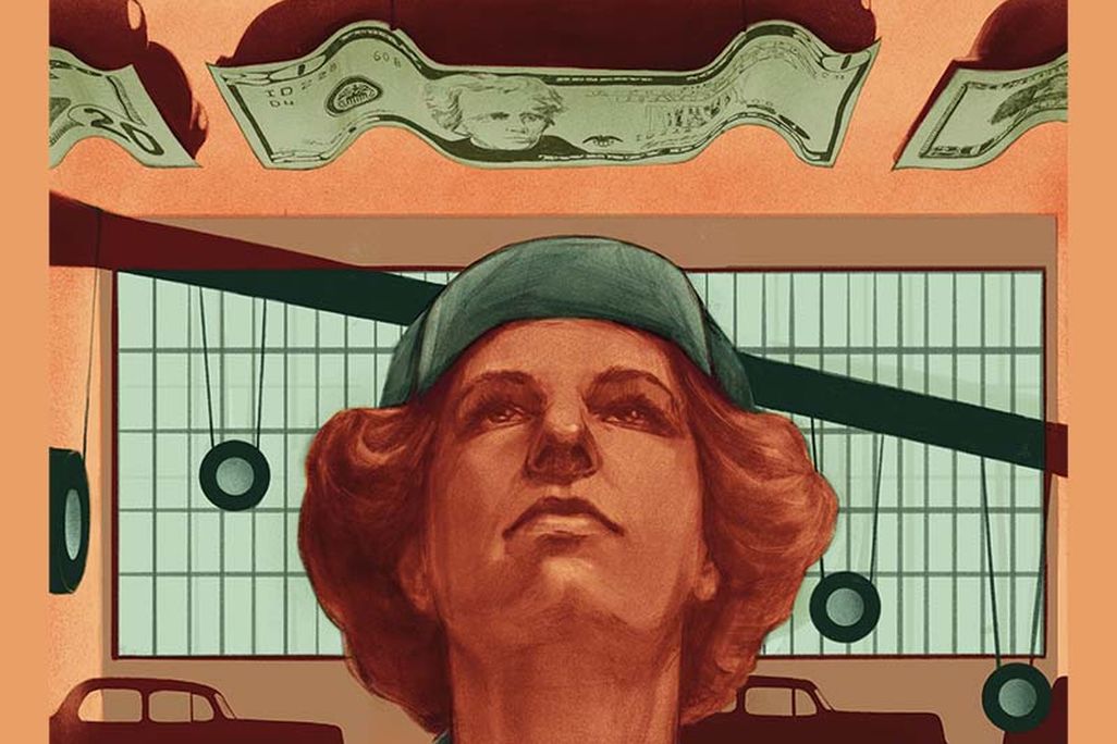 illustration of a women inside an auto factory