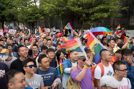 Photograph from the 2015 LGBTQ Pride celebration. Upward of 60 000 people took to the streets of Taipei for the annual Pride march, the largest such event in Asia.
