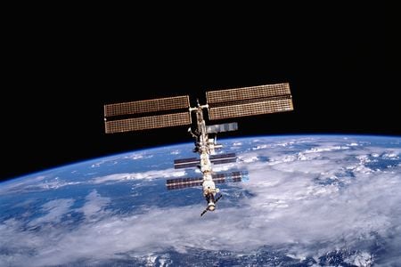 A photo of the International Space Station taken by a crewmember aboard the space shuttle orbiter&nbsp;Discovery&nbsp;in 2001.&nbsp;