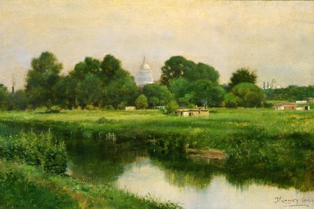 Painting of a marsh with the U.S. capital in the background.