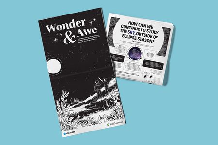 Light blue background with a newspaper extended featuring the words "Wonder & Awe" and a folded newspaper highlighting eclipse news