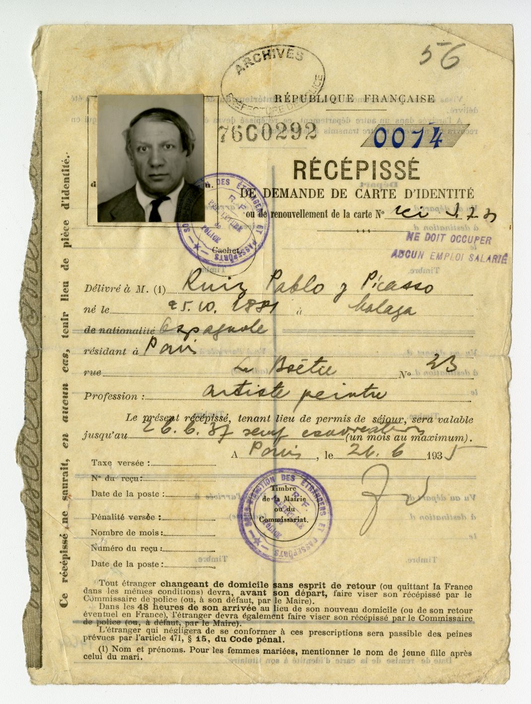 Official receipt from Picasso’s request for a foreigner’s identity card, 1935