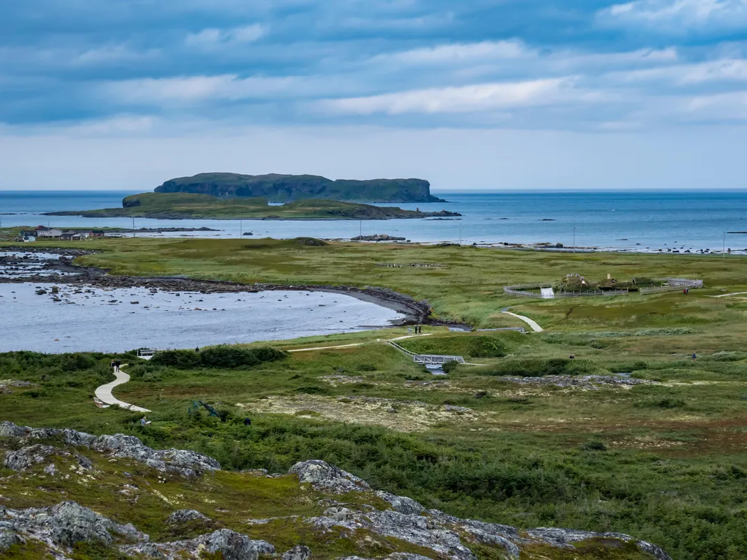 A photograph of the Viking settlement of L’Anse Aux Meadows and surrounding march and waterways
