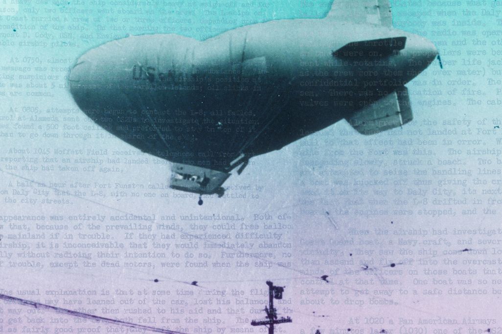 The misshapen L-8 "Ghost Blimp" in the sky in August 1942