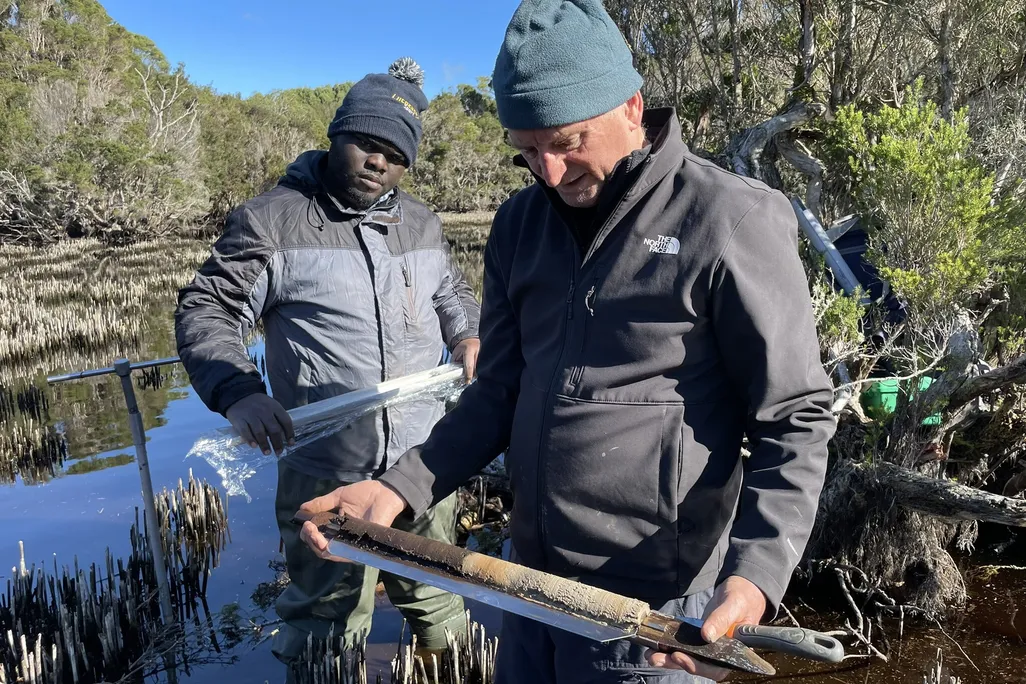Two scientists study a sediment core in a swamp
