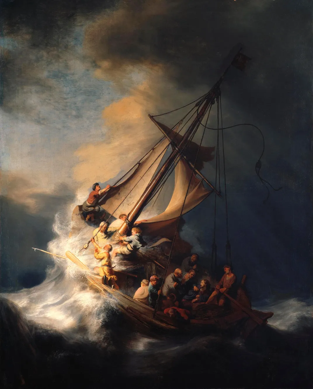 A dramatic view of men, Jesus' disciples, on a ship in tossing, rough waters, with bright light emerging from the left of the composition