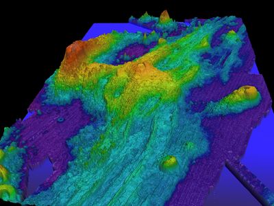 A map of bathymetry&mdash;or underwater topography&mdash;of Axial Seamount, an active volcano some 300 miles off the coast of Oregon.