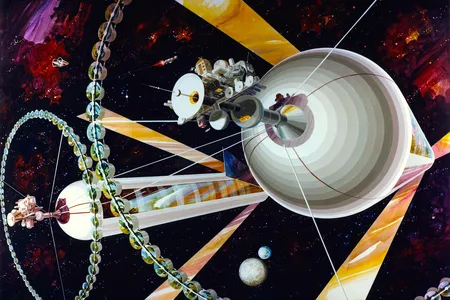 A mid-1970s painting by illustrator Rick Guidice depicts an extraterrestrial colony designed by Princeton University physicist Gerard O'Neill. 