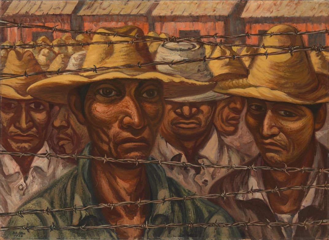 An oil painting of a group of Mexican men standing behind a barbed-wire fence.