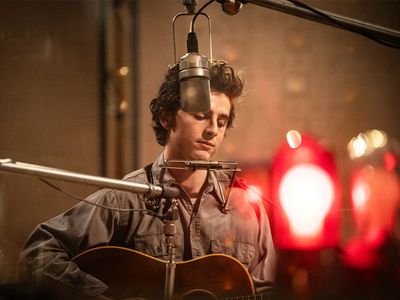 Timoth&eacute;e Chalamet as Bob Dylan in&nbsp;A Complete Unknown, a new James Mangold film