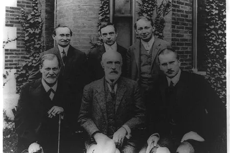 Sigmund Freud, G. Stanley Hall, C.G. Jung, A.A. Brill, Ernest Jones, and Sándor Ferenczi posed at Clark University, Worcester, Massachusetts in September, 1909.