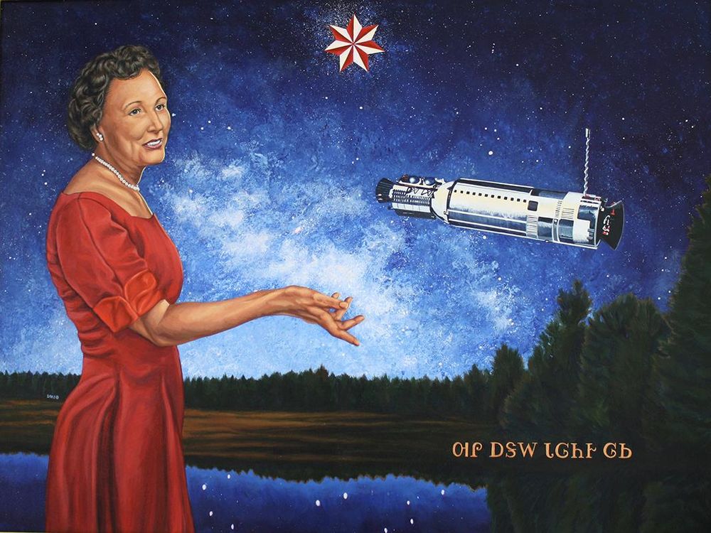 A drawing of Mary Golda Ross surrounded by stars with a rocket in the sky.