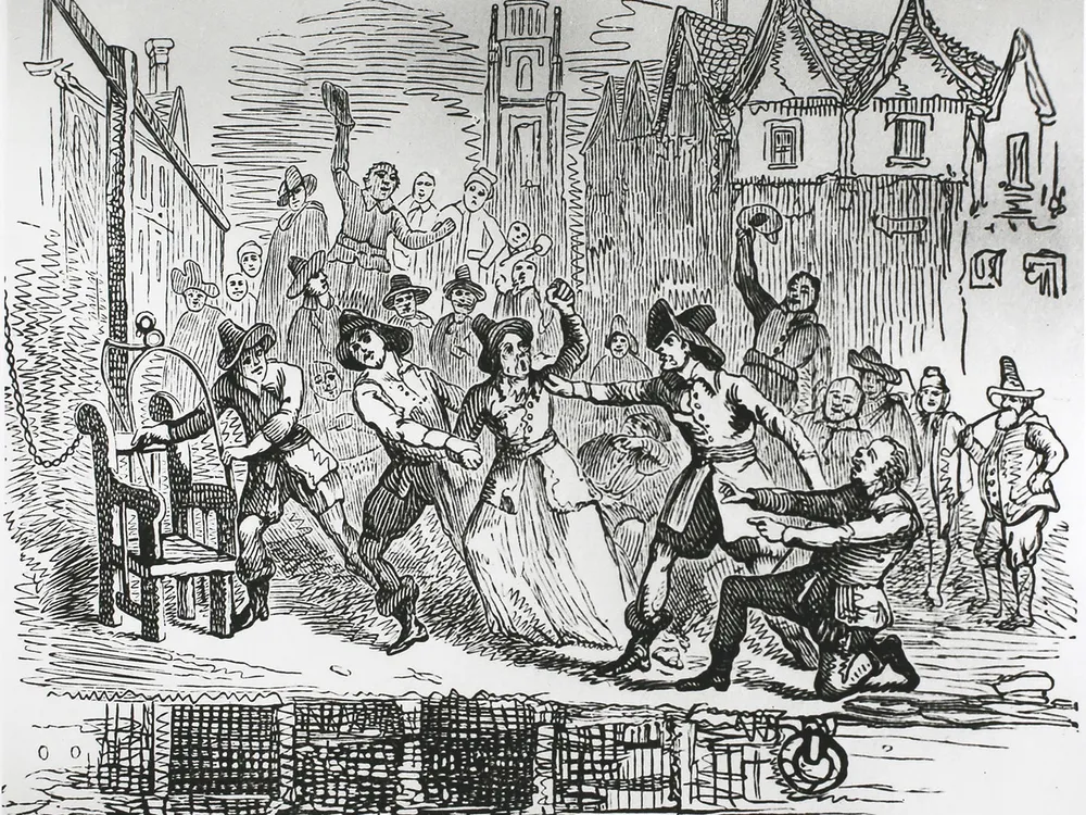 Drawing of a woman being dragged to a ducking stool at a river in Ipswich, Suffolk, around 1600