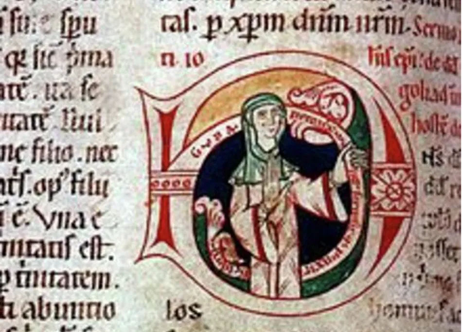 Writing on a page with an illustration of a woman