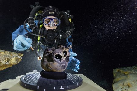 Diver Susan Bird works at the bottom of Hoyo Negro, a large dome-shaped underwater cave on Mexico’s Yucatán Peninsula. She carefully brushes the human skull found at the site while her team members take detailed photographs. 