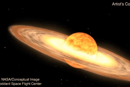 In an artist&#39;s rendering, a red giant star and white dwarf star circle each other. Material ejected from the red giant gathers and heats in the white dwarf, catalyzing a bright explosion.
