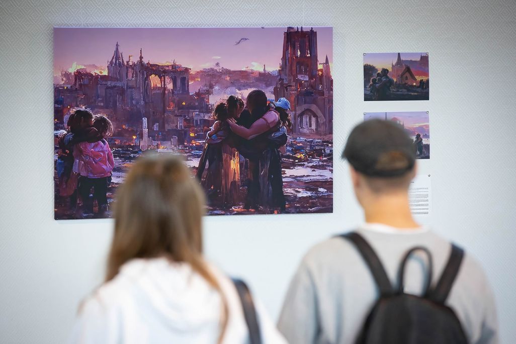 People look at an image generated based on the stories of displaced children during the evacuation from hot spots in the south-east of Ukraine in Kyiv. The exhibition of these pictures is called 'Save Ukr(AI)ne'.