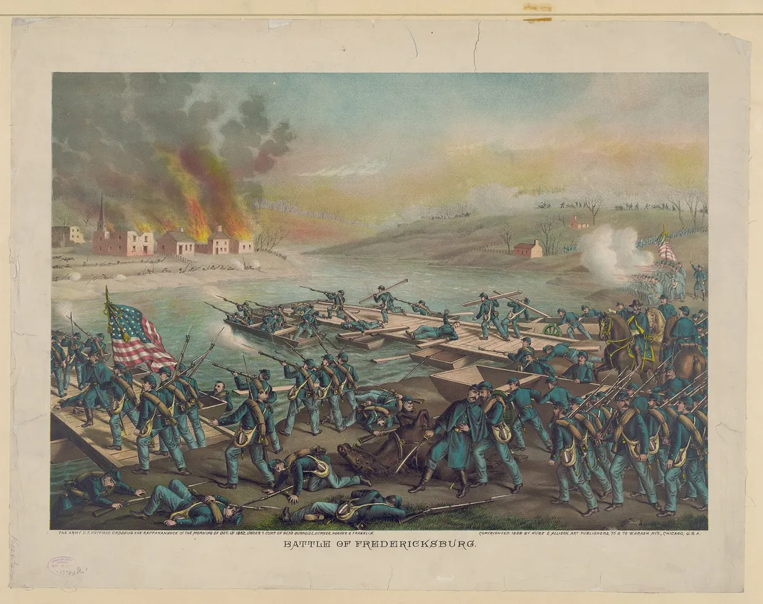 An illustration of the Union Army crossing the Rappahannock during the Battle of Fredericksburg in December 1862