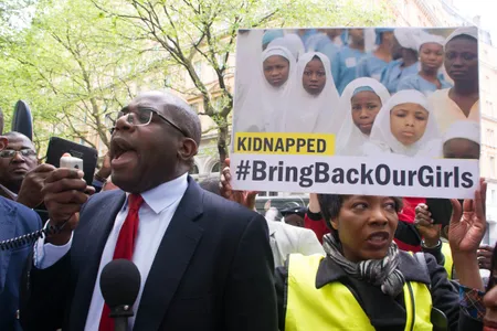 Protesters in front of the Nigerian Embassy in London. 