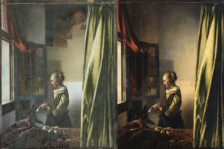 Left: Half-restored version of Vermeer's "Girl Reading a Letter at an Open Window" / Right: Unrestored version