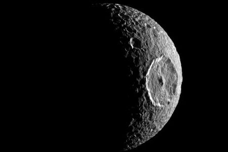 Saturn&#39;s moon Mimas has a giant impact crater, named Hershel, that stretches across a third of its surface and makes it resemble the &quot;Death Star&quot; from&nbsp;Star Wars.