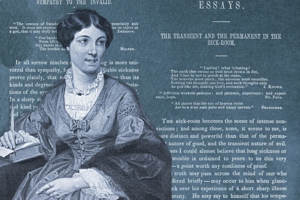 Illustration of Harriet Martineau in front of pages from "Life in the Sick-Room"
