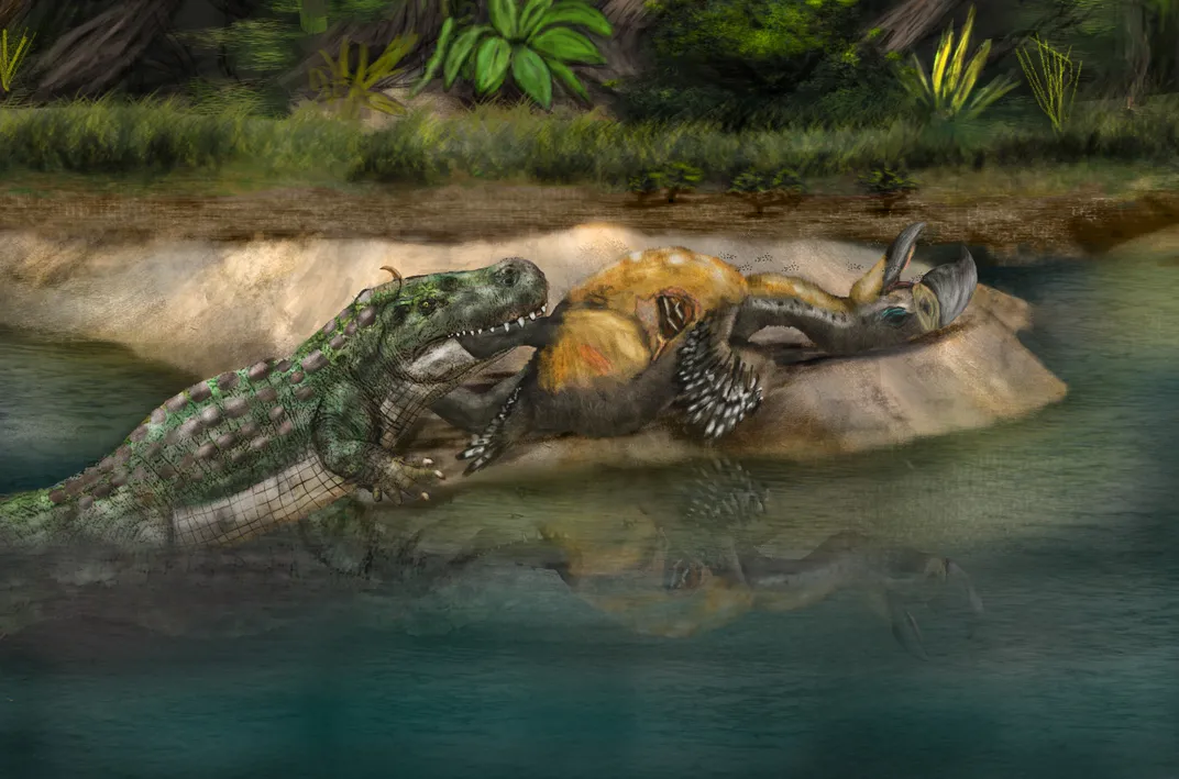 Illustration of crocodile biting bird that's lying on the ground