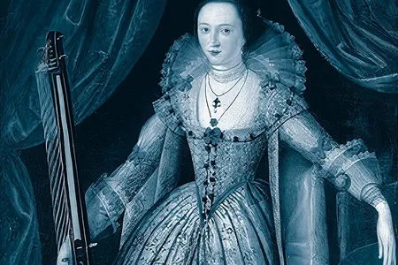 The bold, brilliant Mary Wroth with a string instrument called a theorbo, circa 1620. 