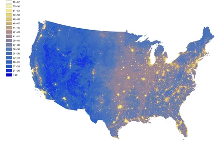 National Park Service map of loud and quiet areas in the United States—yellow areas represent loud areas, while blue represents quiet.