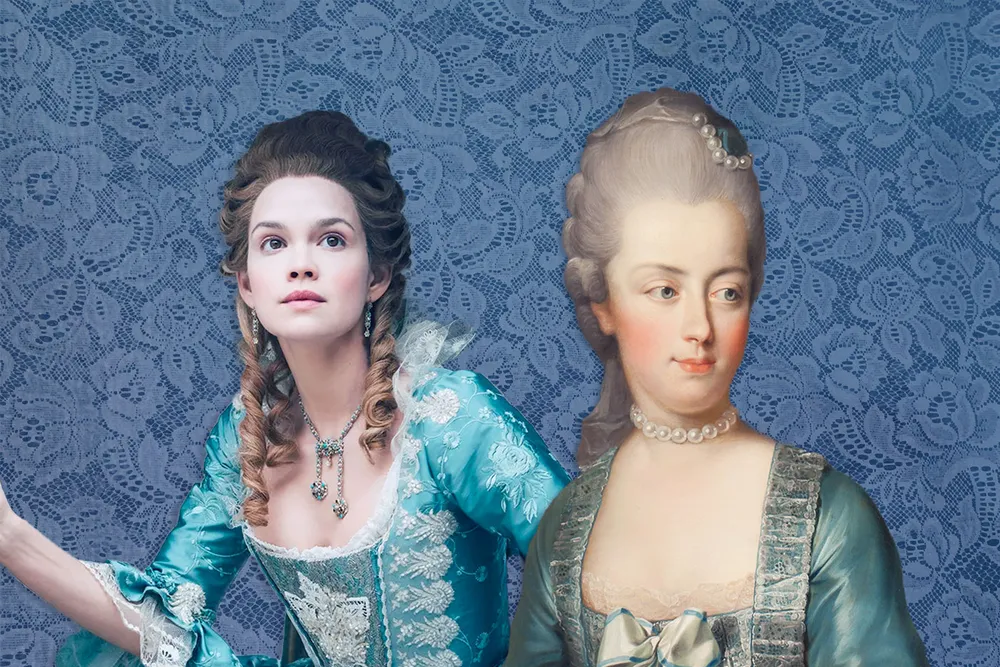 Illustration of Emilia Schule as Marie Antoinette and a portrait of the French queen