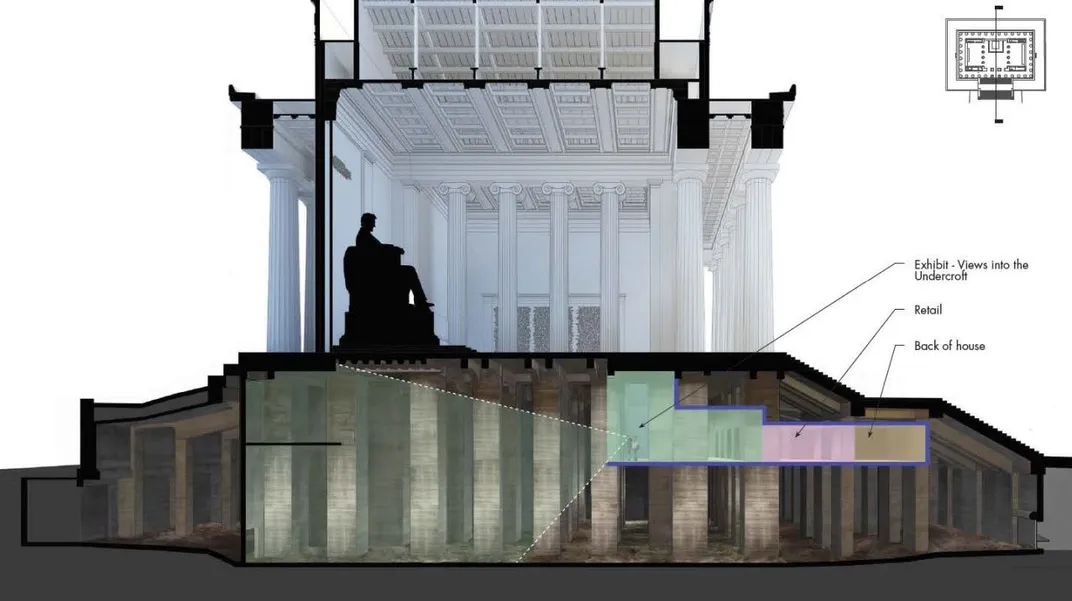 Cross section of the Lincoln Memorial showing the new undercroft exhibit area