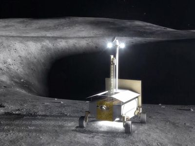 An artistic rendition of the Lunar Prospector rover, exploring the lunar surface in the polar regions. 