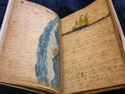 A couple of atypically colorful logbook pages from the Bengal of Salem, Massachusetts, housed at the Providence Public Library. The ship sailed around the Pacific Ocean from 1832 to 1835.