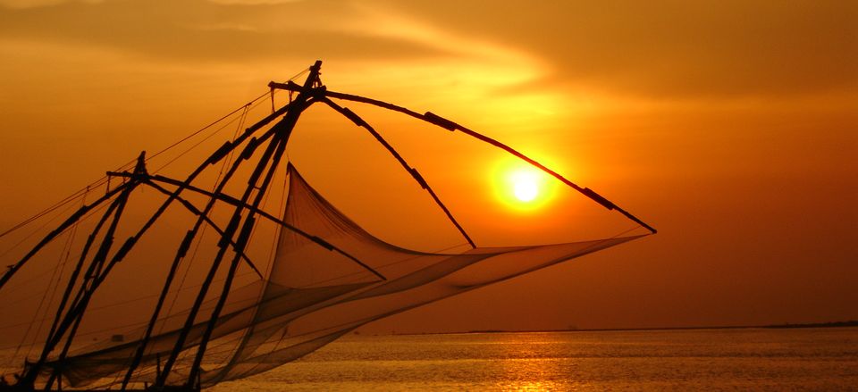  Fishing nets at sunset in Kochi, India.  