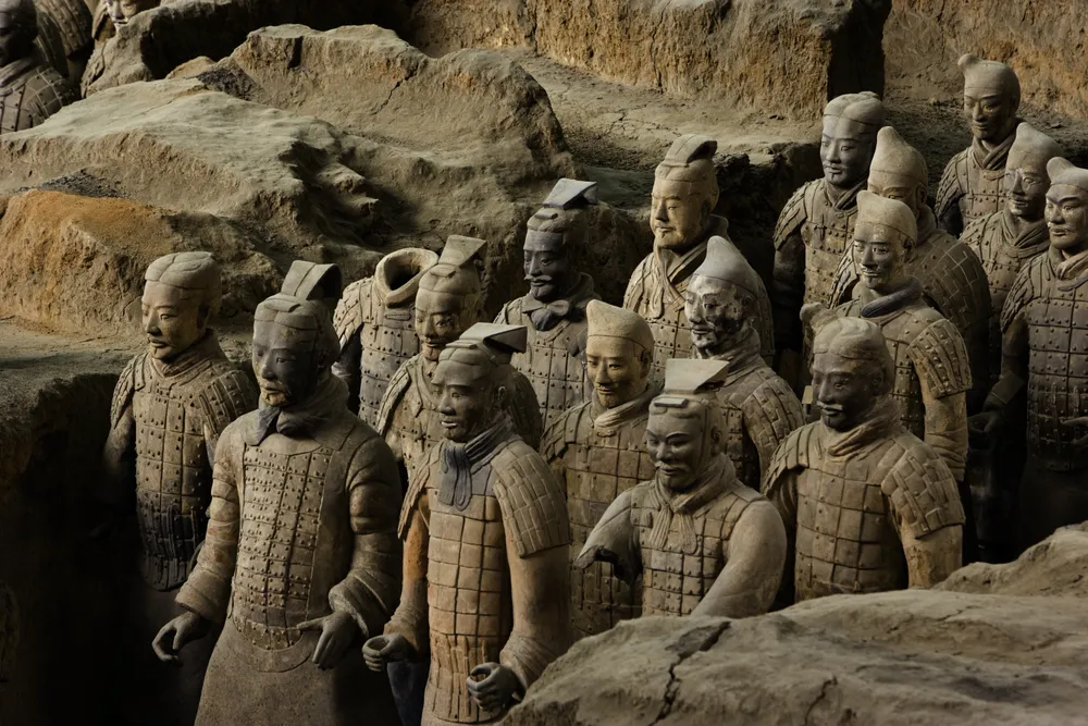 Close-up shot of terra-cotta soldiers