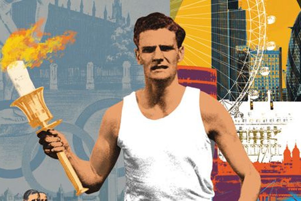 An illustration of a man holding a torch in front of artistic renderings of historic images