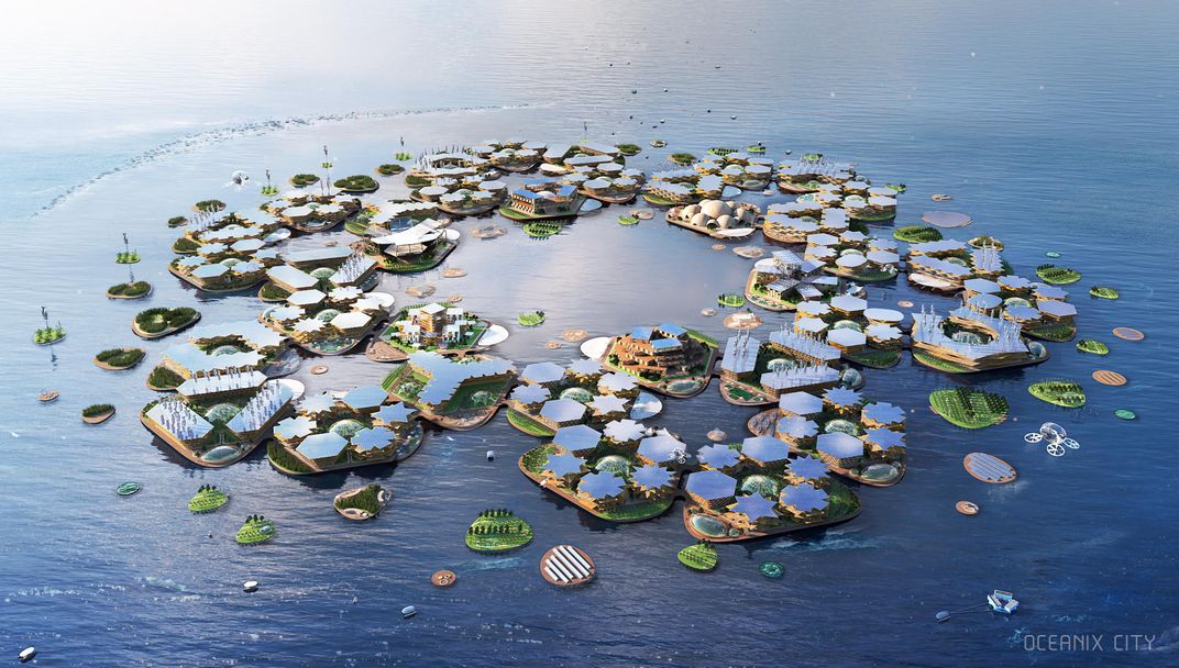 Rendering of Oceanix City, a self-sustaining floating settlement